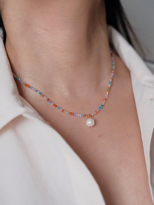 Curiosity - Colorful Rainbow Zirconia Beaded Pearl Drop Necklace,  Trendy Jewelry