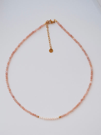 Curiosity - Blush Pink Sunstone & Pearl Choker Necklace, Dainty Minimalist Jewelry