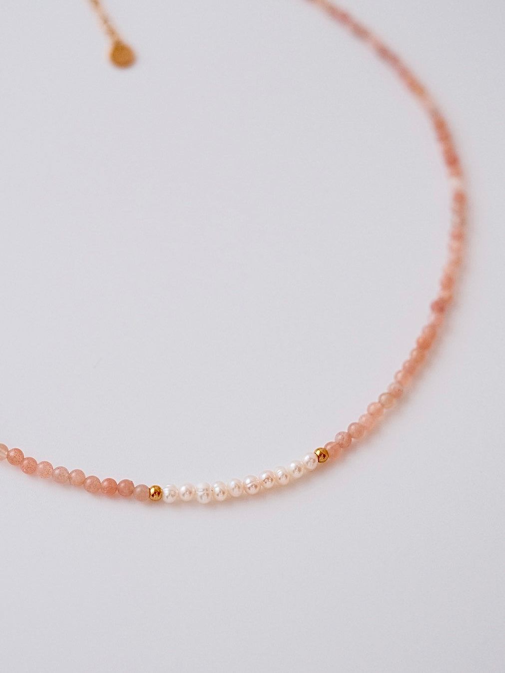 Curiosity - Blush Pink Sunstone & Pearl Choker Necklace, Dainty Minimalist Jewelry